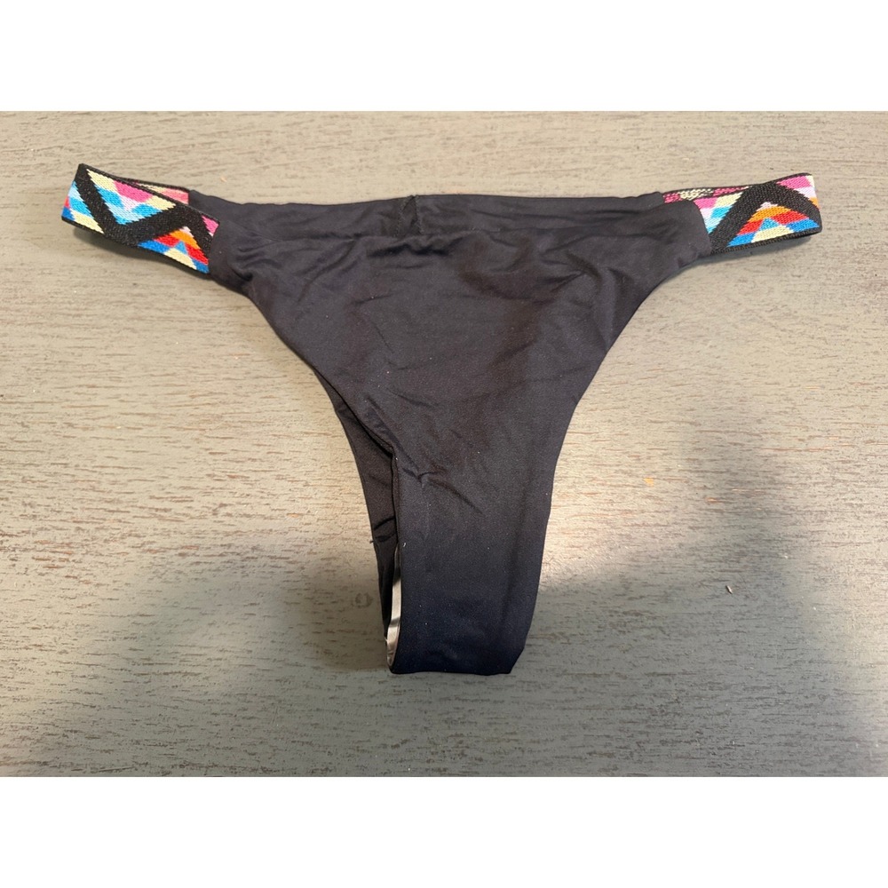 L Space Itsy Cut Bikini Bottom Black Multi Color Embroidered Straps Medium NWOT